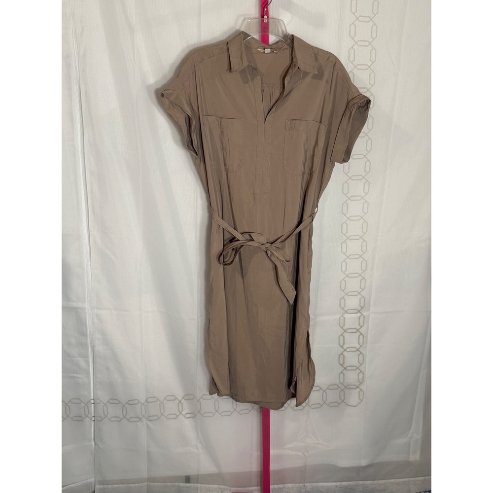 MAX STUDIO LONDON Tan Shirt Dress Belted Midi Roll Tab Sleeve Pockets Size S